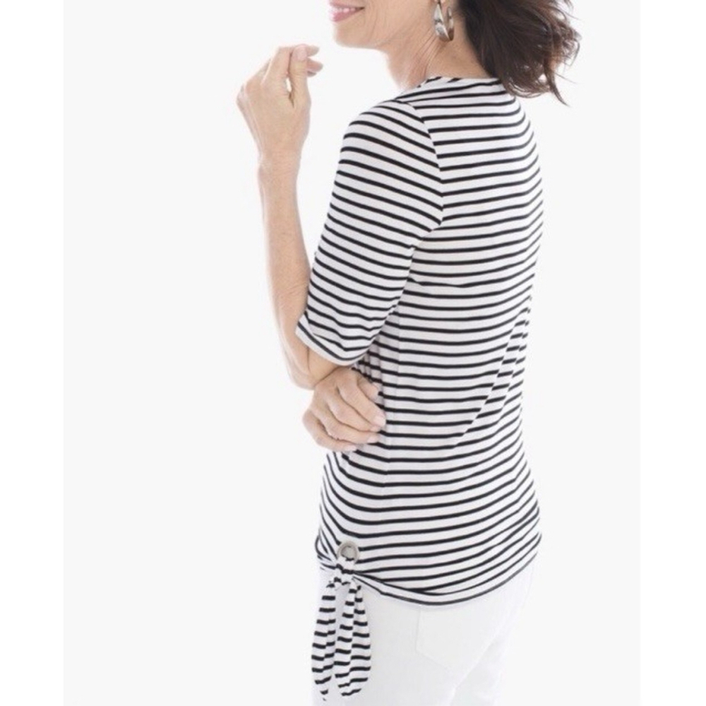 Chico’s‎ Top Women Sz 0 / S Black White Stripe Travel Vacation Nautical EUC